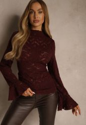 Bordowa Bluzka z Koronki ze Stójką i Falbankami przy Rękawach Nemira. Czerwone t-shirty i topy dla dziewczynek Renee, bez wzorów, z jeansu, bez ramiączek. Za 99.99 zł.