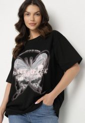 Czarny T-shirt Oversize z Bawełny z Nadrukiem z Motylem Nonatira. Czarne bluzki damskie Born2be, m, bez wzorów, z bawełny, eleganckie, bez kołnierzyka. Za 49.99 zł.