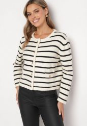 Kremowo-Czarny Rozpinany Kardigan z Kaszmirem w Paski z Imitacjami Kieszonkami Edrialla. Brązowe kardigany damskie Born2be, l, bez wzorów, z jeansu, eleganckie, bez kołnierzyka, bez ramiączek, bez kaptura. Za 119.99 zł.