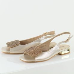 Złote sandały damskie na obcasie Potocki 43314. Żółte sandały damskie POTOCKI, z aplikacjami, ze skóry, bez obcasa, na obcasie, bez zapięcia. Za 169.00 zł.