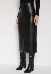 Czarna Spódnica Ołówkowa z Imitacji Skóry z Paskiem z Dużą Klamrą Rewedia. Czarne spódnice damskie Born2be, l, bez wzorów, ze skóry, biznesowe, midi, koszulowe. Za 129.99 zł.