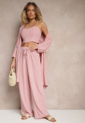 Ciemnoróżowy Komplet Spodnie z Gumką w Pasie Top i Długa Koszula Arives. Czerwone koszule damskie Renee, l, bez wzorów. Za 119.99 zł.