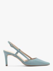 Niebieskie czółenka typu slingback. Niebieskie czółenka damskie Ryłko, bez wzorów, ze skóry, bez obcasa, na szpilce, bez zapięcia. W wyprzedaży za 269.99 zł.