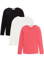 Bluzka z długim rękawem (3 szt.), z czystej bawełny. Czarne t-shirty i topy dla dziewczynek bonprix, bez wzorów, z bawełny, bez ramiączek. Za 77.99 zł.
