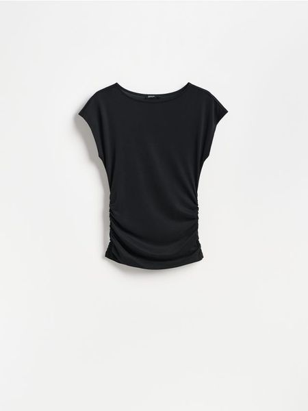 T-shirt z modalem - czarny. Czarne t-shirty damskie Reserved, l, bez wzorów, z dzianiny, bez kołnierzyka. W wyprzedaży za 39.99 zł.