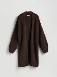 Długi kardigan - ciemnobrązowy. Brązowe kardigany damskie Reserved, l, bez wzorów, z dzianiny, długie. Za 159.99 zł.