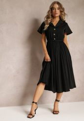 Czarna Retro Sukienka Midi z Plisowaniem i Paskiem na Klamrę Elinerise. Czarne sukienki damskie Renee, l, bez wzorów, retro, bez kołnierzyka, bez ramiączek, midi. Za 89.99 zł.