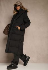 Czarna Zimowa Kurtka z Pikowanymi Przeszyciami Kapturem i Bocznymi Napami Alarisse. Czarne kurtki damskie Renee, na zimę, l, bez wzorów, z jeansu. Za 309.99 zł.