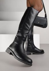 Czarne Dopasowane Kozaki Vices z Imitacji Skóry w Stylu Basic Lonavie. Czarne kozaki damskie Renee, z jeansu, bez obcasa, na płaskiej podeszwie. Za 119.99 zł.