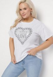 Jasnoszary Bawełniany T-shirt z Cyrkoniami Napisem i Sercem Viltebia. Szare bluzki damskie Born2be, xl, z aplikacjami, z bawełny, klasyczne, bez kołnierzyka. Za 39.99 zł.