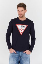 GUESS Granatowy longslevee Original Logo Tee. Niebieskie bluzki z długim rękawem męskie Guess, l, z aplikacjami, bez kołnierzyka. W wyprzedaży za 101.99 zł.