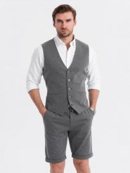 Elegancki zestaw męski kamizelka garniturowa + szorty - grafitowy V3 Z112 - XXL. Szare szorty męskie Ombre Clothing, na lato, l, bez wzorów, z bawełny, eleganckie. Za 185.99 zł.