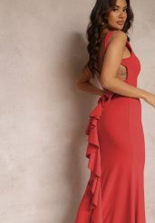 Czerwona Sukienka z Odkrytymi Plecami i Falbanką Euneta. Czerwone sukienki damskie Renee, na imprezę, na lato, bez wzorów, bez kołnierzyka, bez ramiączek, maxi. Za 69.99 zł.