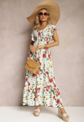 Jasnozielona Wiskozowa Sukienka w Kwiatowy Print Rozkloszowana Maxi Veradisia. Zielone sukienki damskie Renee, na plażę, na lato, l, bez wzorów, z wiskozy, bez kołnierzyka, bez ramiączek, maxi, rozkloszowane. Za 74.99 zł.