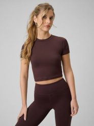 4F T-shirt slim gładki damski - brązowy XS. Brązowe t-shirty damskie 4f, xs, bez wzorów, z materiału, klasyczne, bez kołnierzyka. Za 89.99 zł.