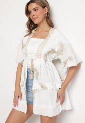 Biała Narzutka z Wiskozą i Bawełną w Stylu Boho Wiązana w Talii Rivhira. Białe bluzki damskie Born2be, z aplikacjami, z bawełny, boho, bez kołnierzyka, bez ramiączek. Za 119.99 zł.