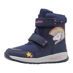 Śniegowce juniorskie KangaROOS K-MJ Edison EV RTX SL. Niebieskie śniegowce dziewczęce KangaRoos, z gumy, sportowe, przed kolano, bez zapięcia. Za 219.99 zł.
