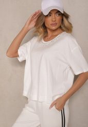 Biały T-shirt z Bawełny z Cyrkoniami Fadeola. Białe bluzki damskie Renee, l, bez wzorów, z bawełny, eleganckie, bez kołnierzyka. Za 39.99 zł.