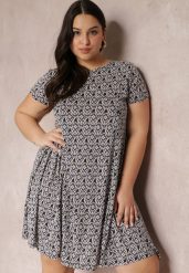 Czarno-Beżowa Sukienka Mini z Krótkimi Rękawami i Wzorem w Kwiaty Cassatha. Czarne sukienki damskie Renee, na lato, m, bez wzorów, bez kołnierzyka, bez ramiączek, mini, rozkloszowane. Za 44.99 zł.