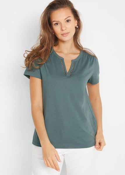 T-shirt z dekoracyjnym dekoltem. Zielone bluzki damskie bonprix, bez wzorów, z bawełny, bez kołnierzyka. Za 54.99 zł.