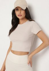 Beżowy T-shirt z Prążkowanego Materiału o Krótkim Kroju Telunna. Brązowe bluzki damskie Born2be, l, bez wzorów, z jeansu, eleganckie, bez kołnierzyka. Za 29.99 zł.