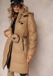 Beżowa Długa Kurtka z Paskiem Płaszcz z Okrągłą Saszetką w Komplecie Nabili. Brązowe kurtki damskie Renee, l, bez wzorów, bez kaptura. Za 319.99 zł.