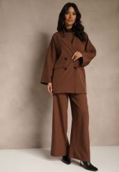 Brązowy Komplet Garniturowy Oversize Marynarka Dwurzędowa i Spodnie Wide Leg Tevilna. Brązowe spodnie materiałowe damskie Renee, l, z aplikacjami. Za 209.99 zł.