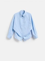 Koszula w paski z bawełną - jasnoniebieski. Niebieskie koszule damskie Reserved, l, bez wzorów, z bawełny, bez kołnierzyka, bez ramiączek. Za 139.99 zł.
