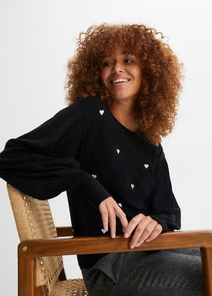 Cienki sweter z mieszanki wiskozy. Czarne swetry damskie bonprix, bez wzorów, z wiskozy, bez kołnierzyka, bez ramiączek, bez kaptura. Za 119.99 zł.