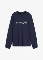 Bluzka oversize z długim rękawem i haftowanymi świątecznym motywami. Niebieskie bluzki damskie bonprix, bez wzorów, wizytowe, bez kołnierzyka, bez ramiączek. Za 64.99 zł.
