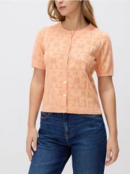 Ażurowy kardigan - jasnopomarańczowy. Brązowe kardigany damskie Reserved, l, w ażurowe wzory, z bawełny. Za 99.99 zł.