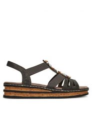 Rieker Sandały 62949-45 Szary. Szare sandały damskie Rieker, bez wzorów, z syntetyku, bez obcasa, na koturnie, bez zapięcia. Za 229.99 zł.