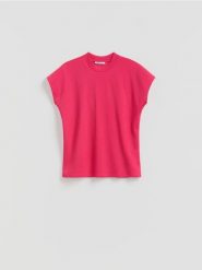 T-shirt z raglanowym rękawem - fuksja. Czerwone t-shirty damskie Reserved, l, bez wzorów, z bawełny, bez kołnierzyka. Za 79.99 zł.