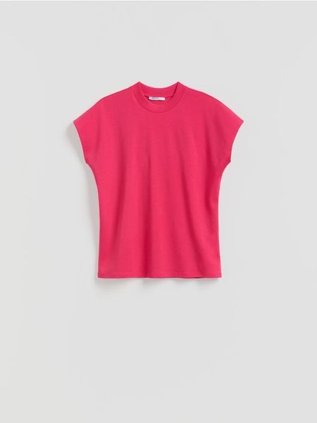 T-shirt z raglanowym rękawem - fuksja. Czerwone t-shirty damskie Reserved, l, bez wzorów, z bawełny, bez kołnierzyka. Za 79.99 zł.