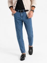 Marmurkowe spodnie męskie jeansowe CARROT FIT – ciemnoniebieskie V2 OM-PADP-0225 - XXL. Niebieskie spodnie materiałowe męskie Ombre Clothing, l, bez wzorów, z bawełny, klasyczne. Za 125.99 zł.