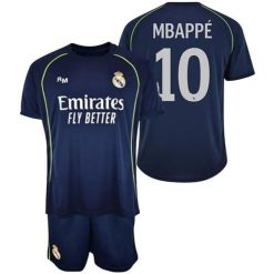 Real Madryt komplet koszulka spodenki junior Mbappe box granatowy. Niebieskie koszulki sportowe męskie Real Madrid, bez wzorów, z poliesteru. Za 250.00 zł.
