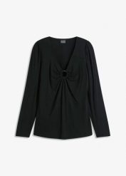 Bluzka z długim rękawem i ozdobnym dodatkiem. Czarne bluzki damskie bonprix, bez wzorów, eleganckie, bez kołnierzyka, bez ramiączek. Za 64.99 zł.
