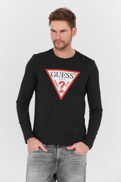 GUESS Czarny męski longsleeve Original Logo Tee, Rozmiar L. Czarne bluzki z długim rękawem męskie Guess, l, z aplikacjami, bez kołnierzyka. W wyprzedaży za 101.99 zł.