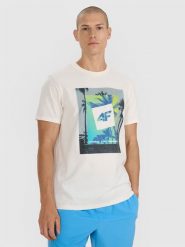 4F T-shirt regular z nadrukiem męski - beżowy M. Brązowe koszulki sportowe męskie 4f, na lato, m, bez wzorów, z bawełny, klasyczne, bez kołnierzyka. Za 59.99 zł.