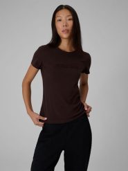4F T-shirt slim z nadrukiem damski - brązowy XS. Brązowe t-shirty damskie 4f, m, bez wzorów, z bawełny, bez kołnierzyka. Za 59.99 zł.