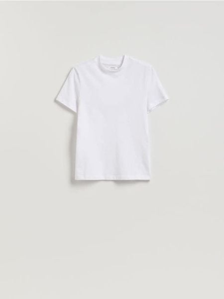 T-shirt slim fit - biały. Białe t-shirty damskie Reserved, l, bez wzorów, z bawełny, bez kołnierzyka. Za 29.99 zł.