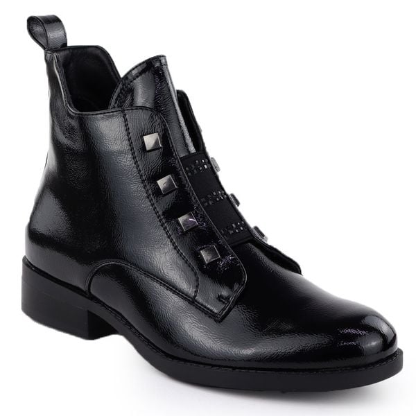 Botki damskie lakierowane czarne S.Barski HY52-527. Czarne botki damskie S.BARSKI, z lakierowanej skóry, eleganckie, bez obcasa, bez zapięcia. Za 199.99 zł.
