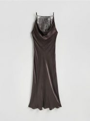 Sukienka maxi z wiskozy - ciemnobrązowy. Brązowe sukienki damskie Reserved, na co dzień, l, bez wzorów, z tkaniny, bez kołnierzyka, bez ramiączek, maxi, proste. Za 239.99 zł.