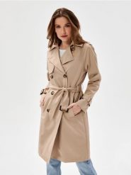 Długi płaszcz z ozdobnymi guzikami - beżowy. Brązowe płaszcze damskie Sinsay, l, bez wzorów, długie, bez kaptura. Za 119.99 zł.