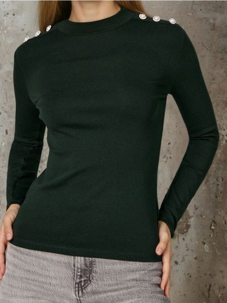 Bluzka z ozdobnymi perłami - ciemny turkus. Bluzki damskie Sinsay, l, bez wzorów, bez kołnierzyka, bez ramiączek. Za 25.99 zł.