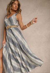 Szara Rozkloszowana Sukienka z Geometrycznym Wzorem Lumire. Szare sukienki damskie Renee, na spotkanie biznesowe, xl, z aplikacjami, eleganckie, bez kołnierzyka, bez ramiączek, maxi, rozkloszowane. Za 49.99 zł.
