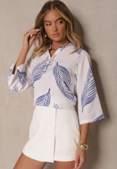 Biało-Niebieska Koszula z Bawełną i Motywem Liści Lumireline. Białe bluzki damskie Renee, l, bez wzorów, z bawełny, eleganckie, bez kołnierzyka, bez ramiączek. Za 54.99 zł.