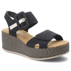 Sandały damskie Rieker, cholewka ze skóry ekologicznej zapiane na rzep fason na koturnie, granatowe, 69450-14. Niebieskie klapki damskie Rieker, bez wzorów, ze skóry ekologicznej, bez obcasa, na koturnie, bez zapięcia. Za 349.00 zł.