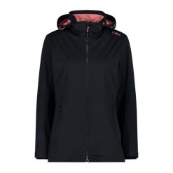 Damska kurtka turystyczna z kapturem CMP. Czarne kurtki sportowe damskie CMP, bez wzorów, z softshellu, z kapturem, trekkingowe. Za 389.00 zł.
