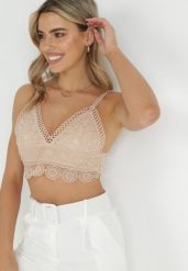 Beżowy Top Koronkowy Kleianthe. Brązowe bluzki damskie Born2be, m, bez wzorów, z jeansu, boho, bez kołnierzyka, bez ramiączek. Za 74.99 zł.